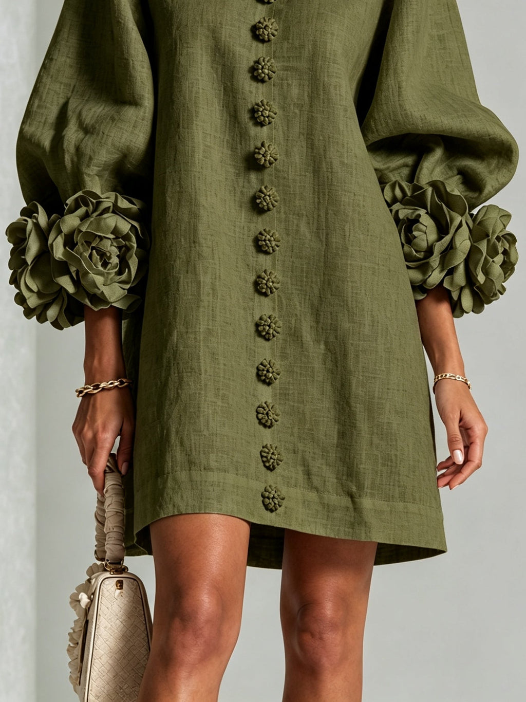 Olive Green Floral Shirt Mini Dress with Extravagant Floral Cuffs