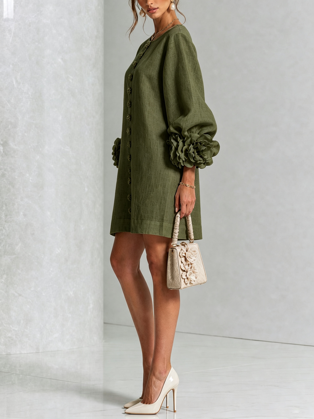 White Mini Dress with Flower Buttons and Extravagant Flower Sleeves