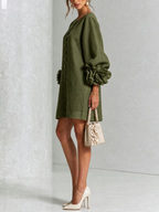 White Mini Dress with Flower Buttons and Extravagant Flower Sleeves