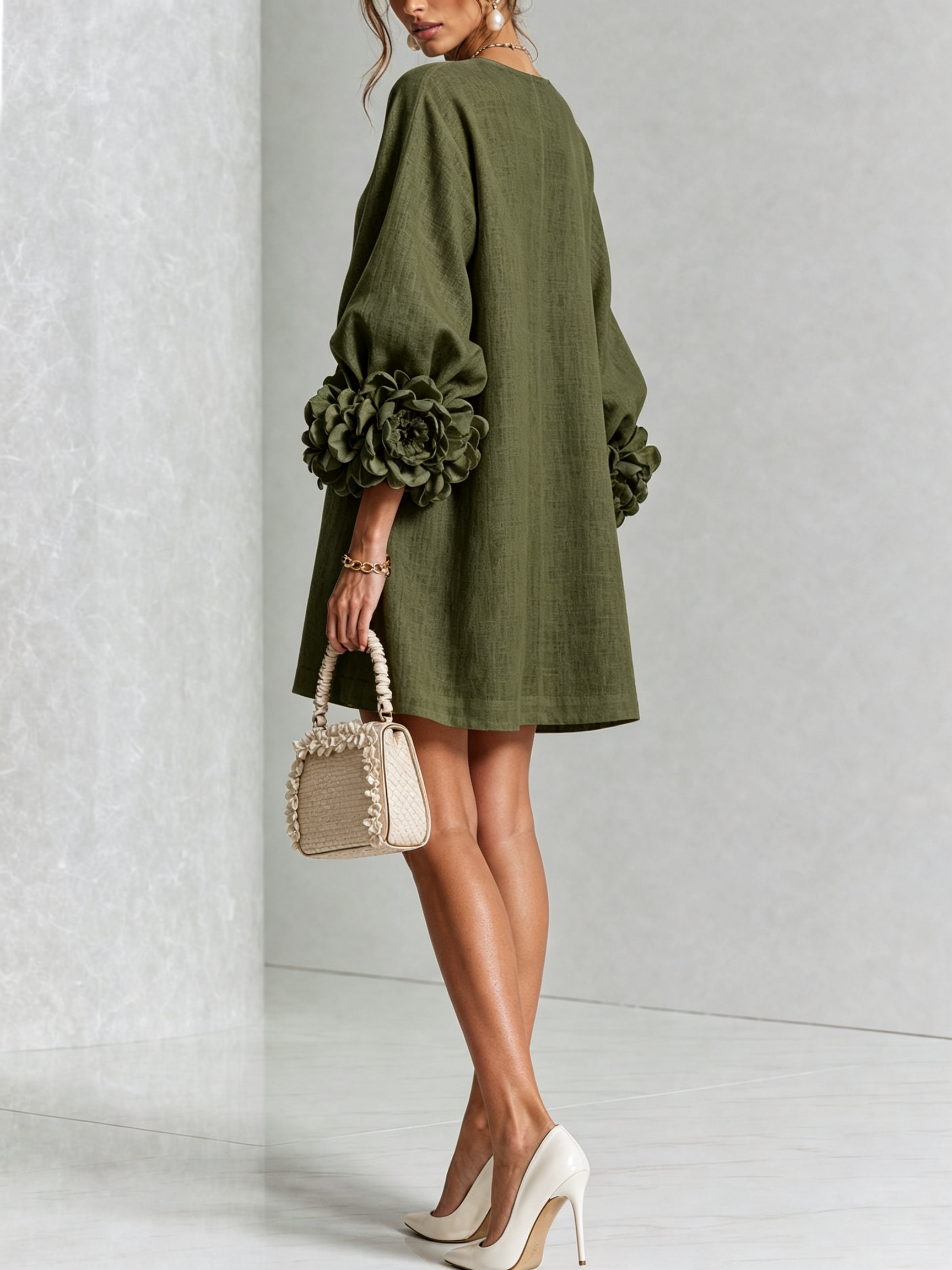 Olive Green Floral Shirt Mini Dress with Extravagant Floral Cuffs