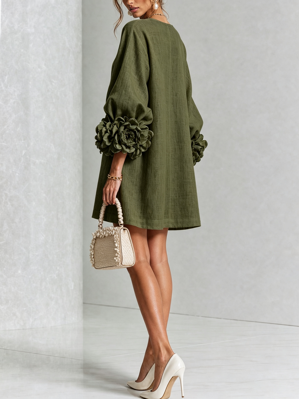 White Mini Dress with Flower Buttons and Extravagant Flower Sleeves