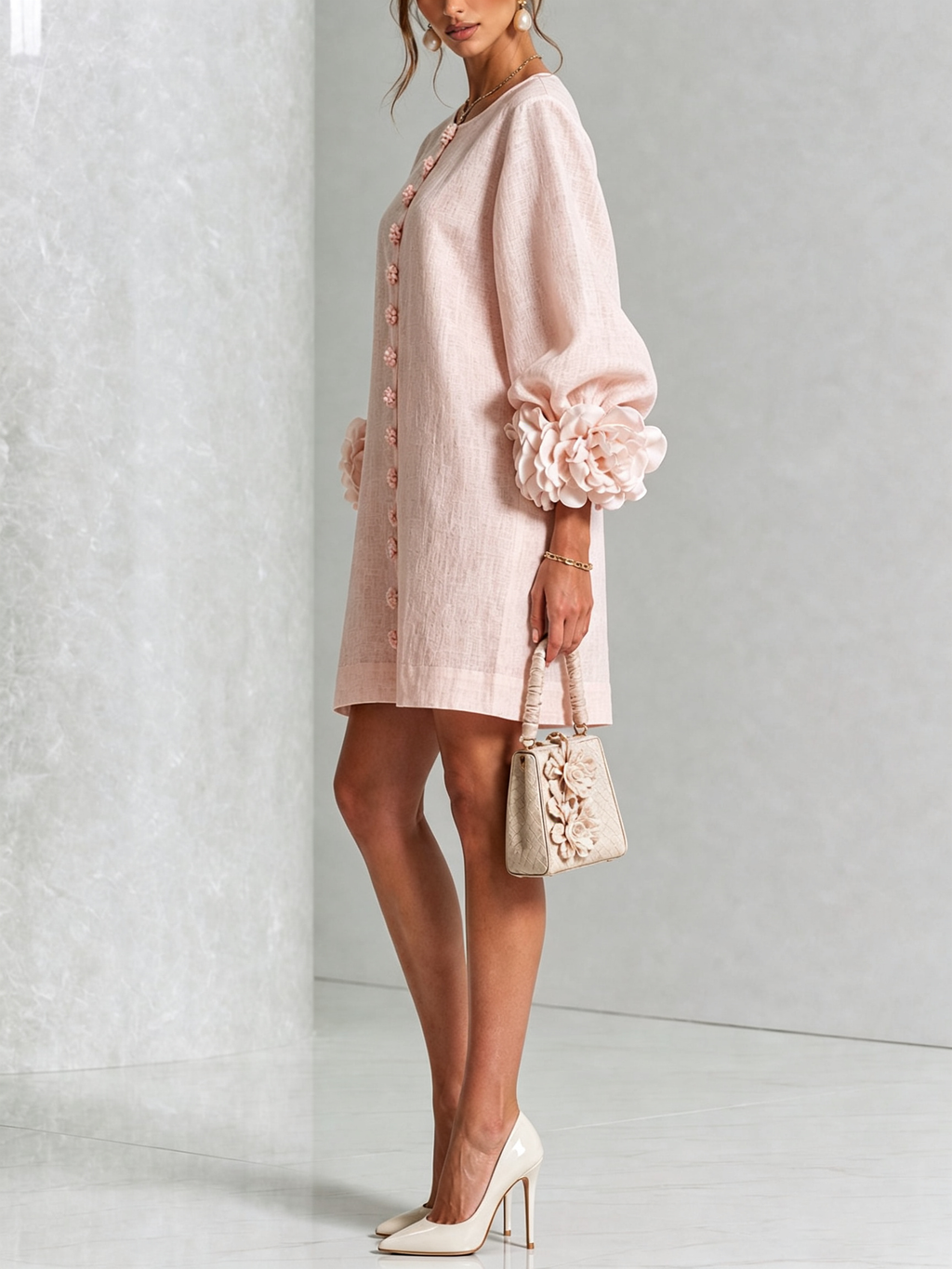 White Mini Dress with Flower Buttons and Extravagant Flower Sleeves