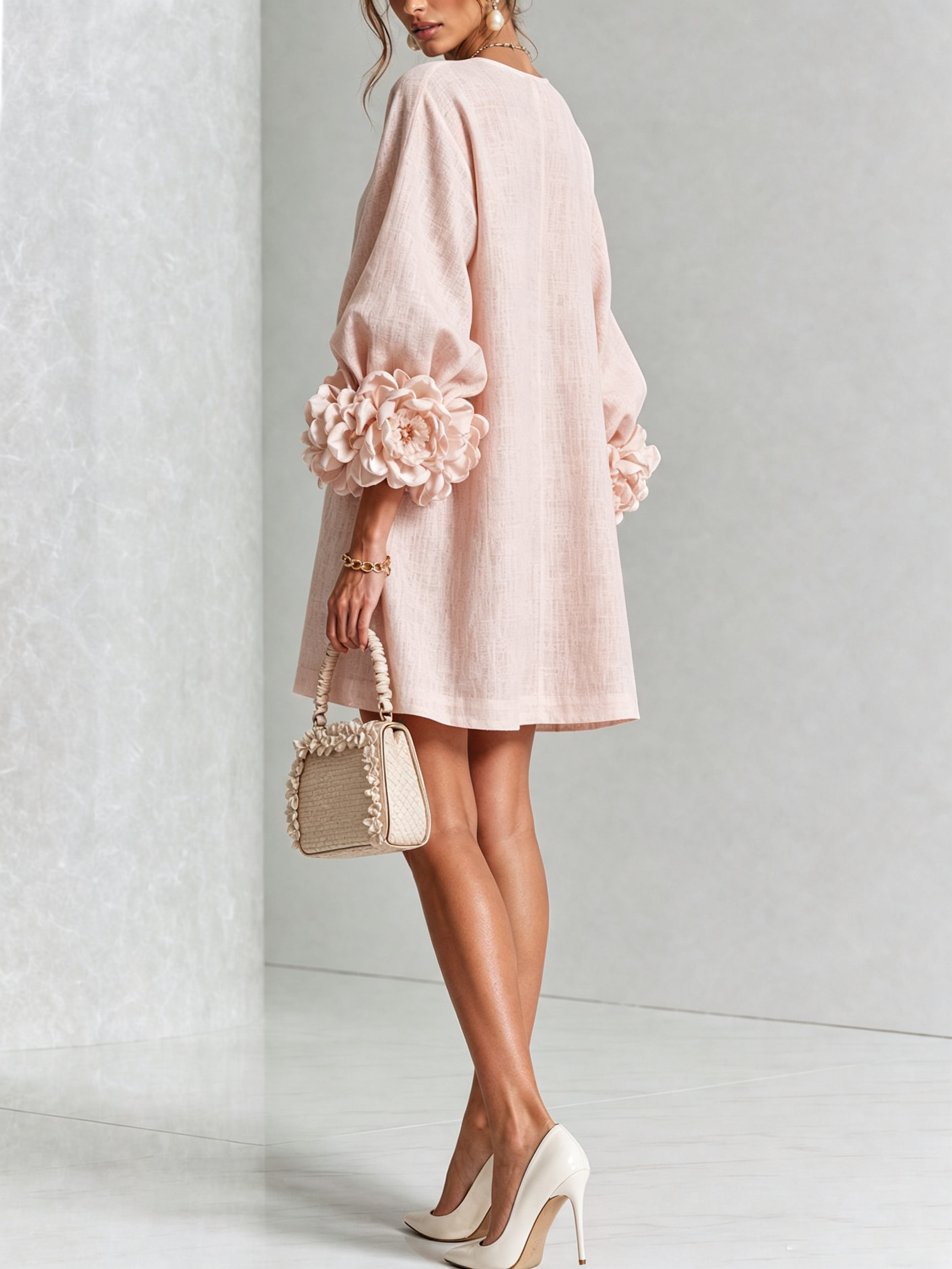 Pink Floral Mini Dress with Buttons and Stunning Floral Sleeves