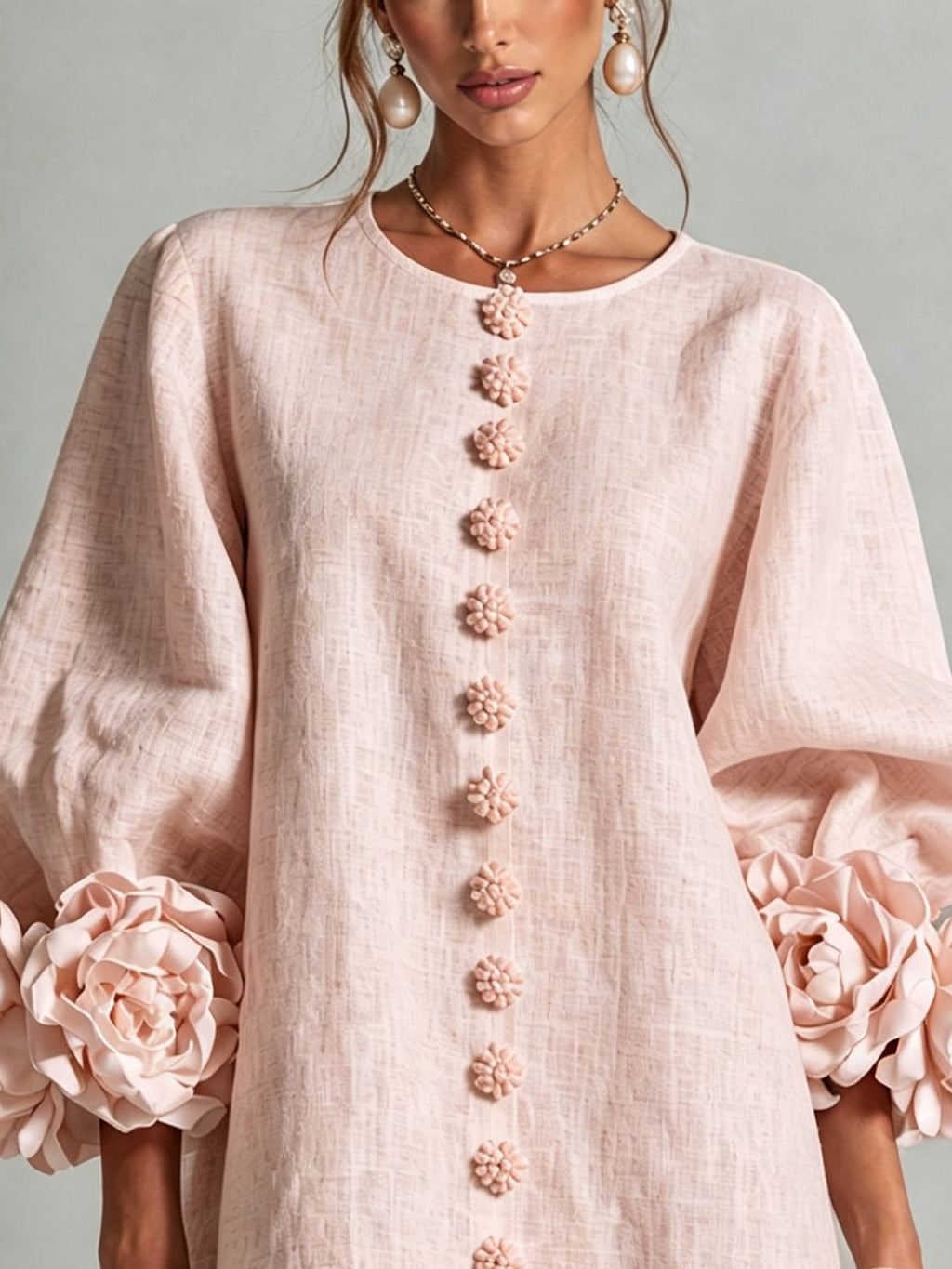 Pink Floral Mini Dress with Buttons and Stunning Floral Sleeves