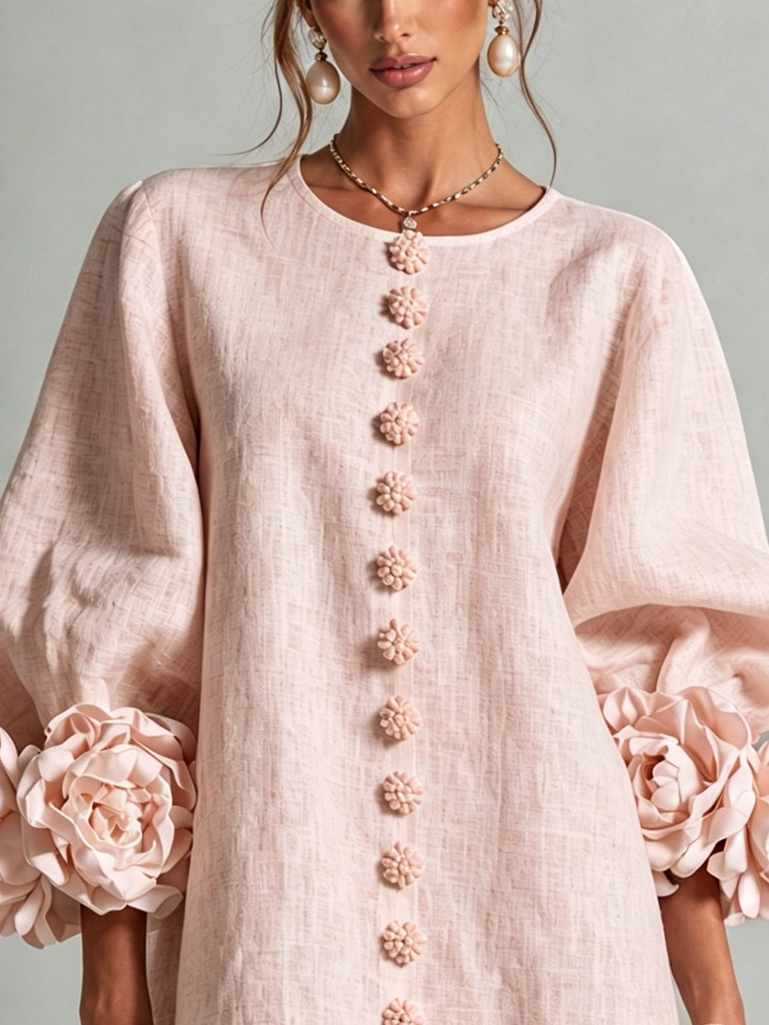 Pink Floral Mini Dress with Buttons and Stunning Floral Sleeves