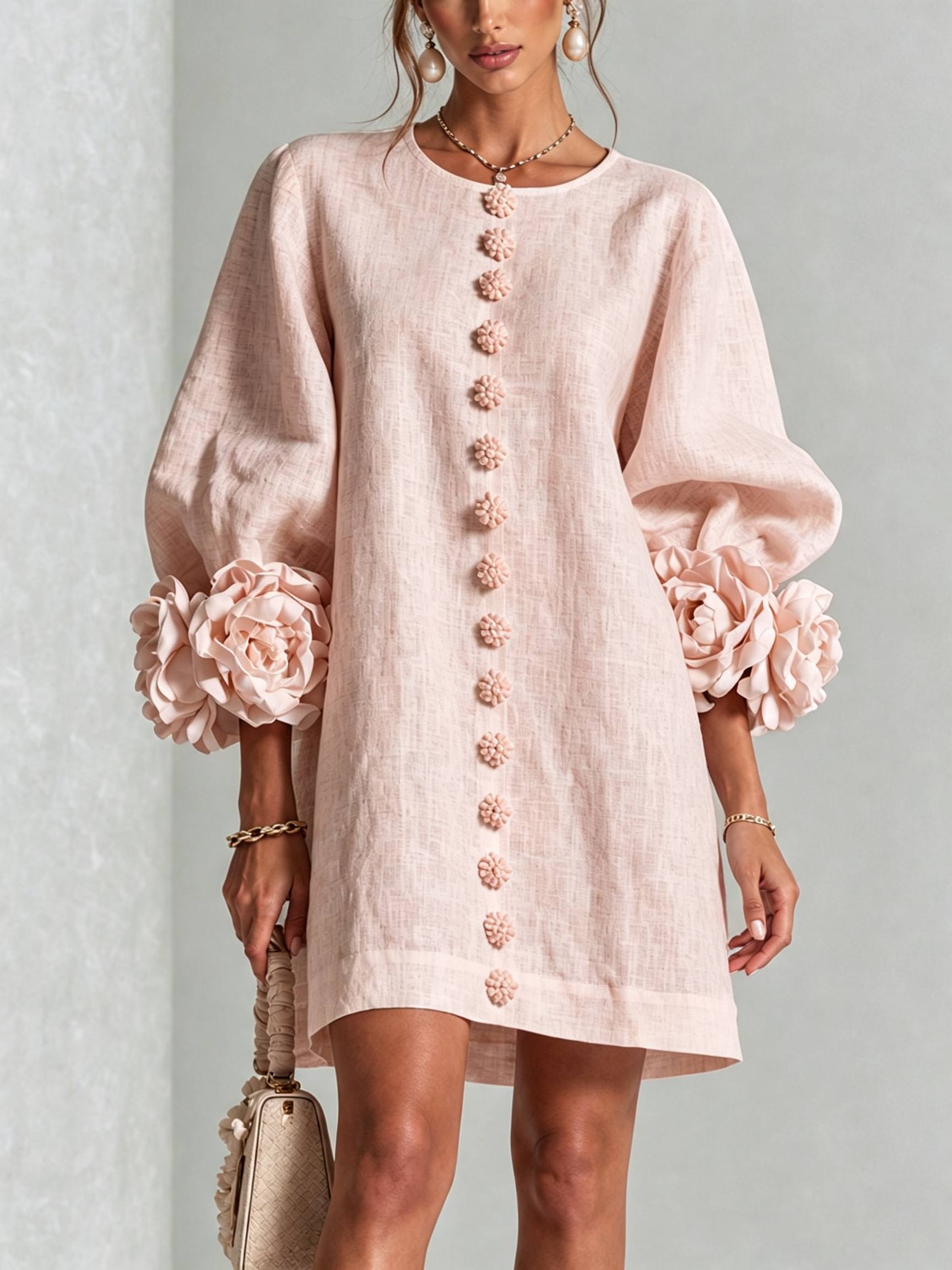 Pink Floral Mini Dress with Buttons and Stunning Floral Sleeves