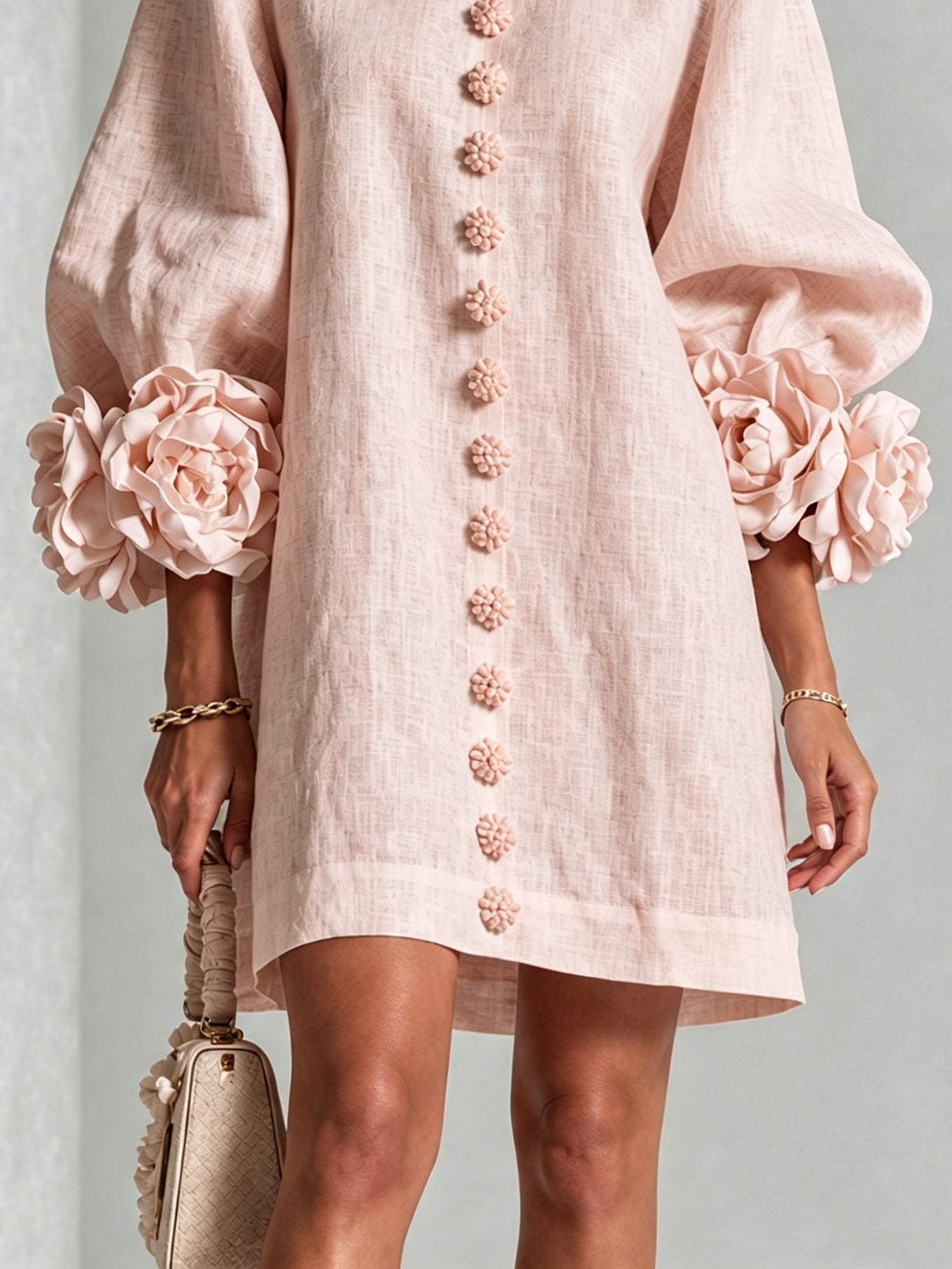 Pink Floral Mini Dress with Buttons and Stunning Floral Sleeves