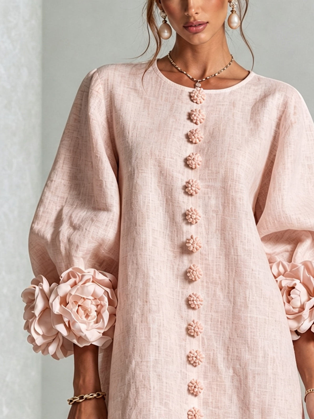 Pink Floral Mini Dress with Buttons and Stunning Floral Sleeves