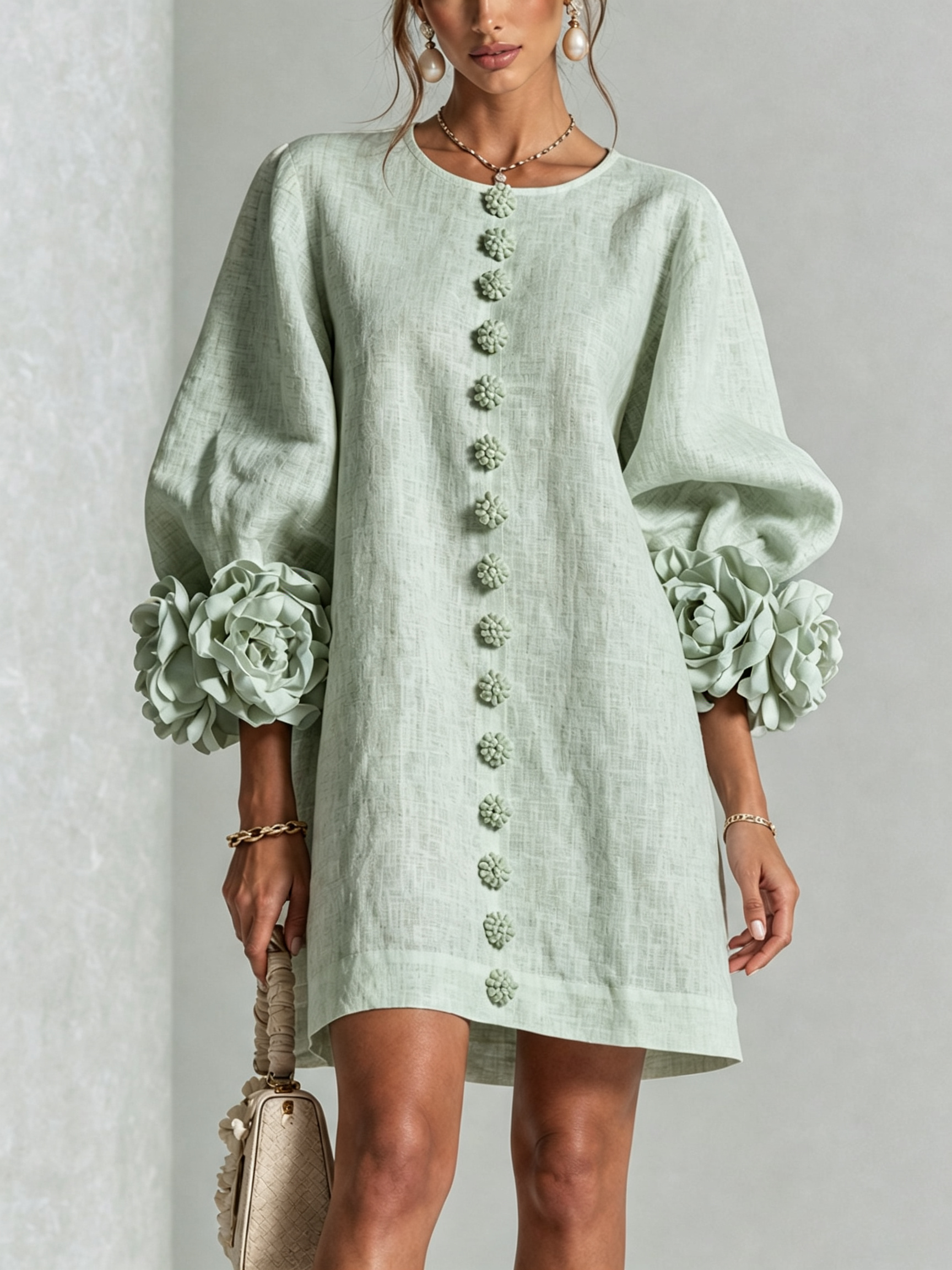 White Mini Dress with Flower Buttons and Extravagant Flower Sleeves