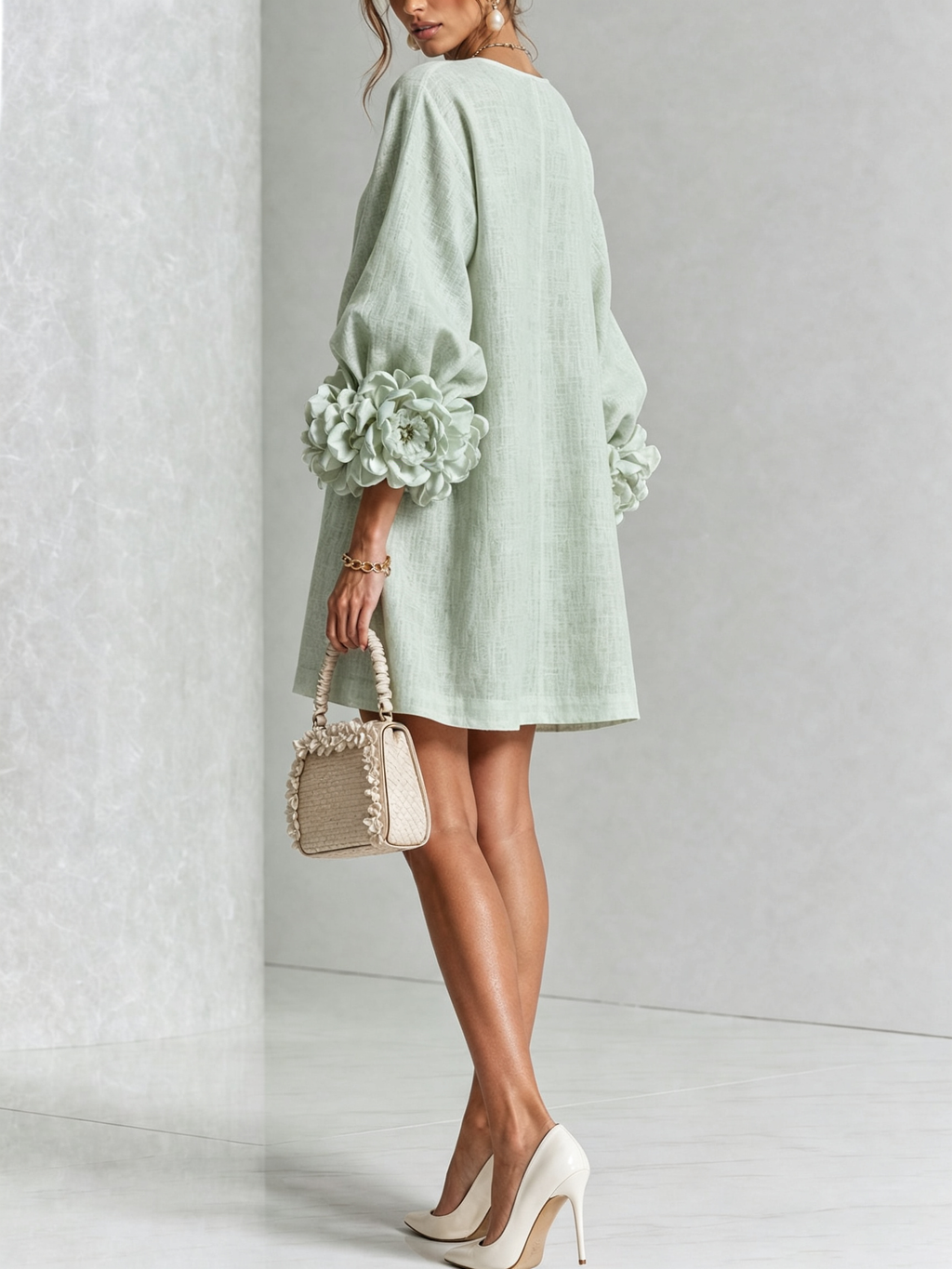 White Mini Dress with Flower Buttons and Extravagant Flower Sleeves