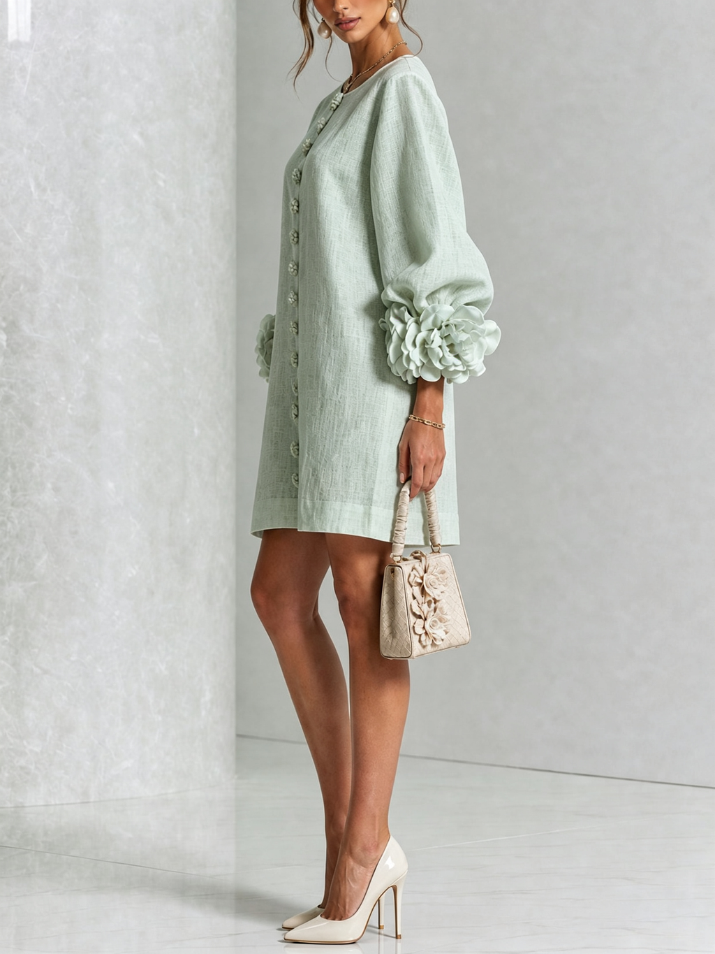 White Mini Dress with Flower Buttons and Extravagant Flower Sleeves