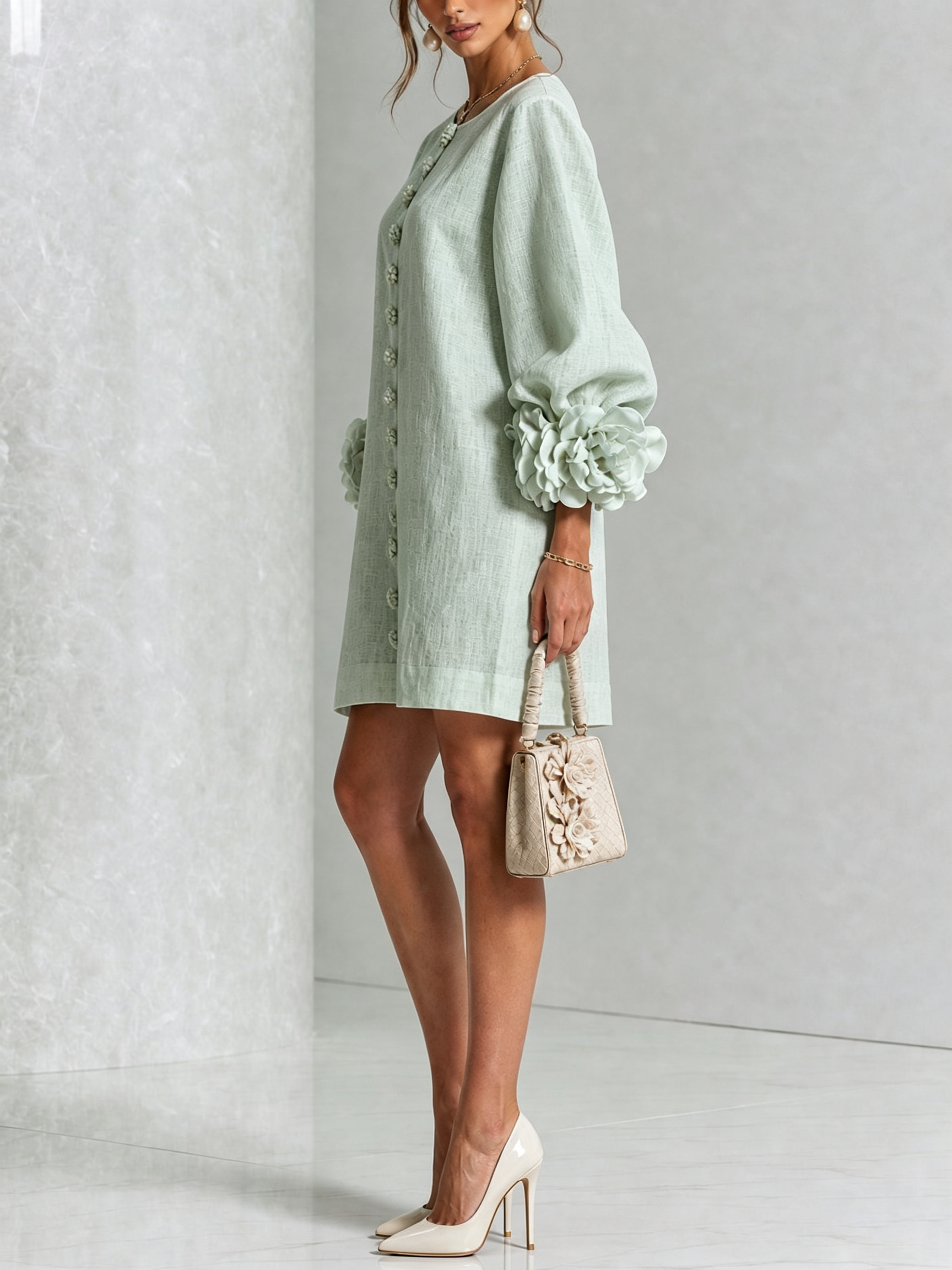 White Mini Dress with Flower Buttons and Extravagant Flower Sleeves