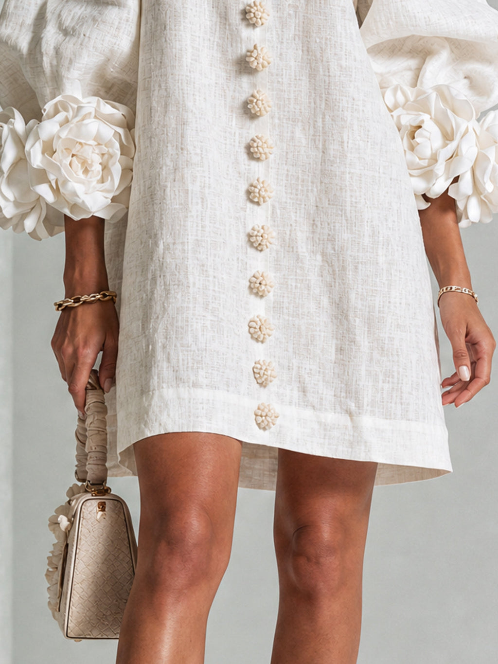 White Mini Dress with Flower Buttons and Extravagant Flower Sleeves