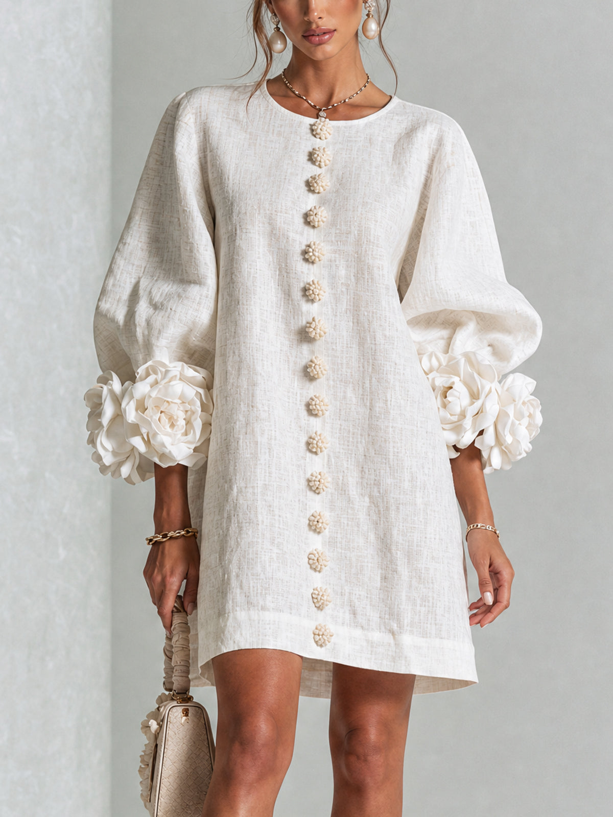 White Mini Dress with Flower Buttons and Extravagant Flower Sleeves