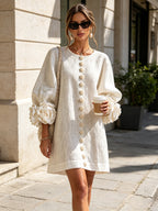 White Mini Dress with Flower Buttons and Extravagant Flower Sleeves