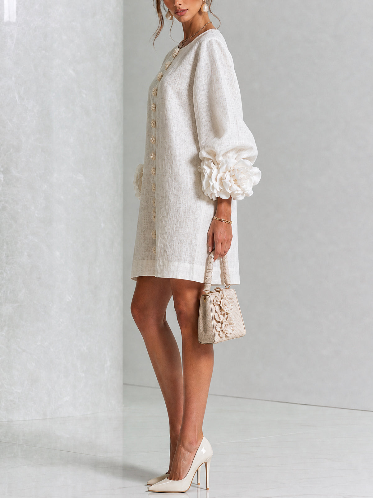 White Mini Dress with Flower Buttons and Extravagant Flower Sleeves