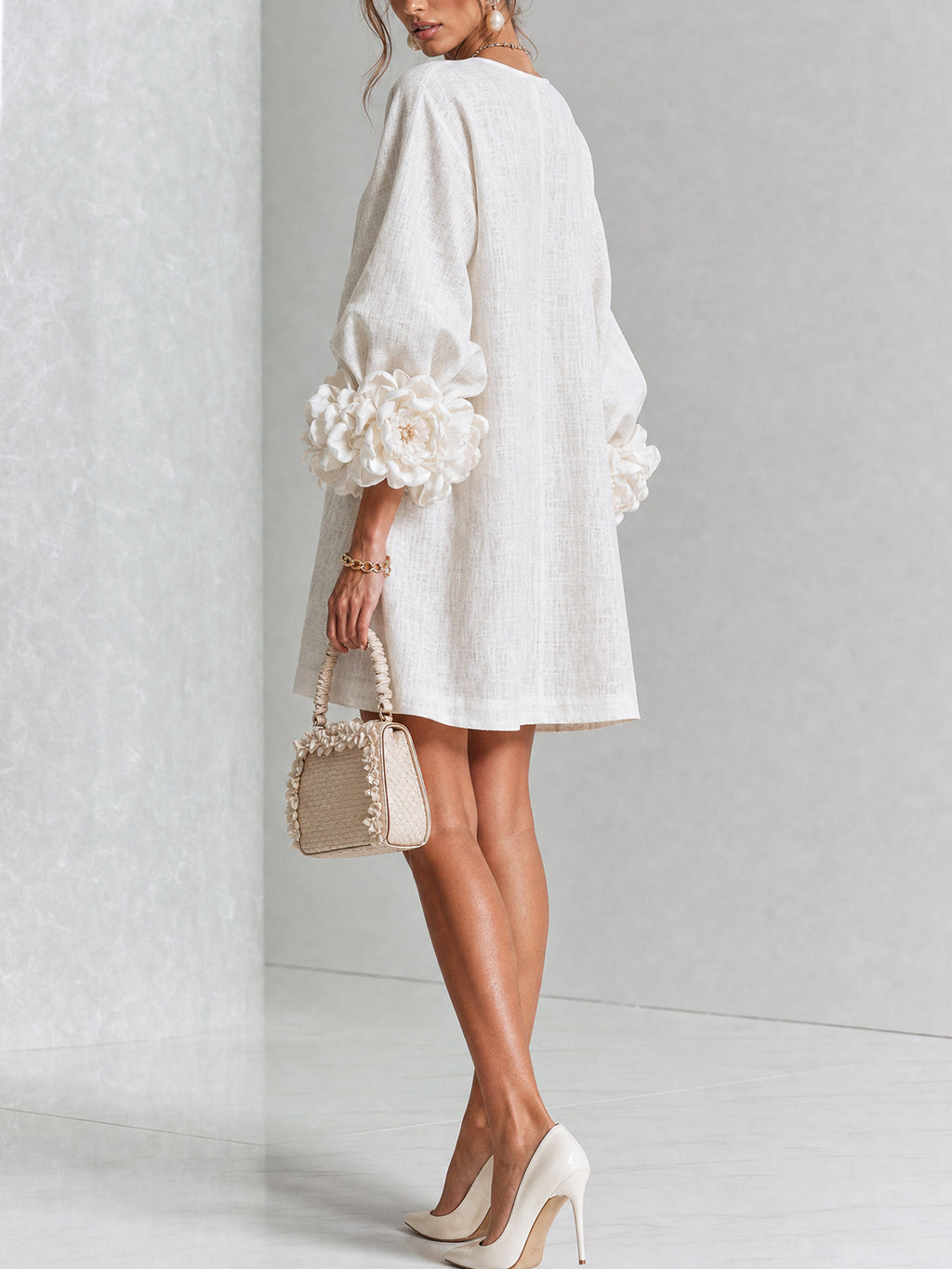 White Mini Dress with Flower Buttons and Extravagant Flower Sleeves