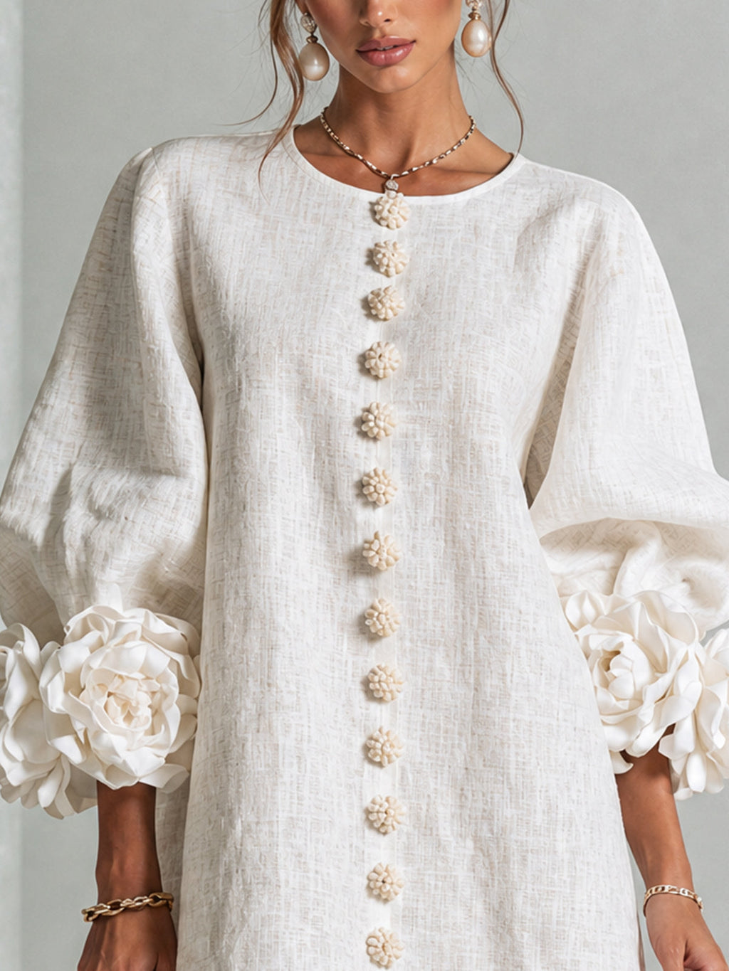 White Mini Dress with Flower Buttons and Extravagant Flower Sleeves