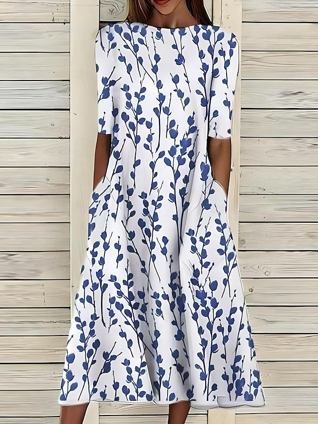 Sela – Midi Dress d'Été with Collar Rond and Print of Flowers Côtières