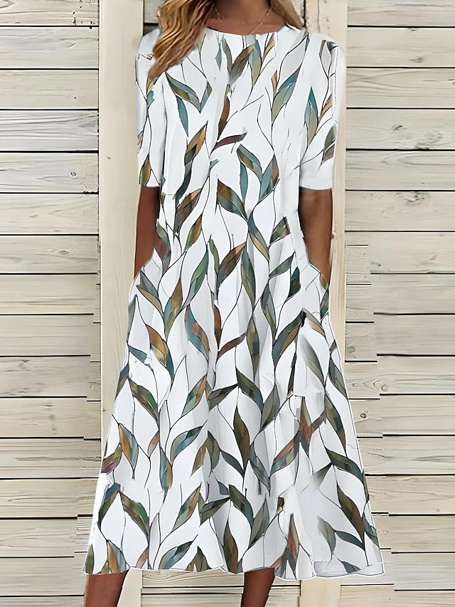 Sela – Midi Dress d'Été with Collar Rond and Print of Flowers Côtières