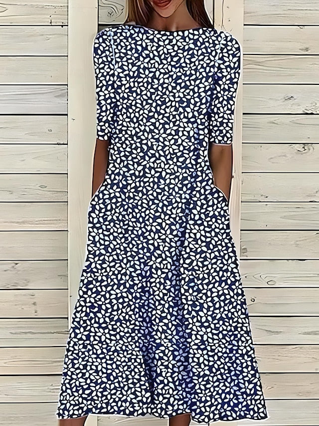 Sela – Midi Dress d'Été with Collar Rond and Print of Flowers Côtières